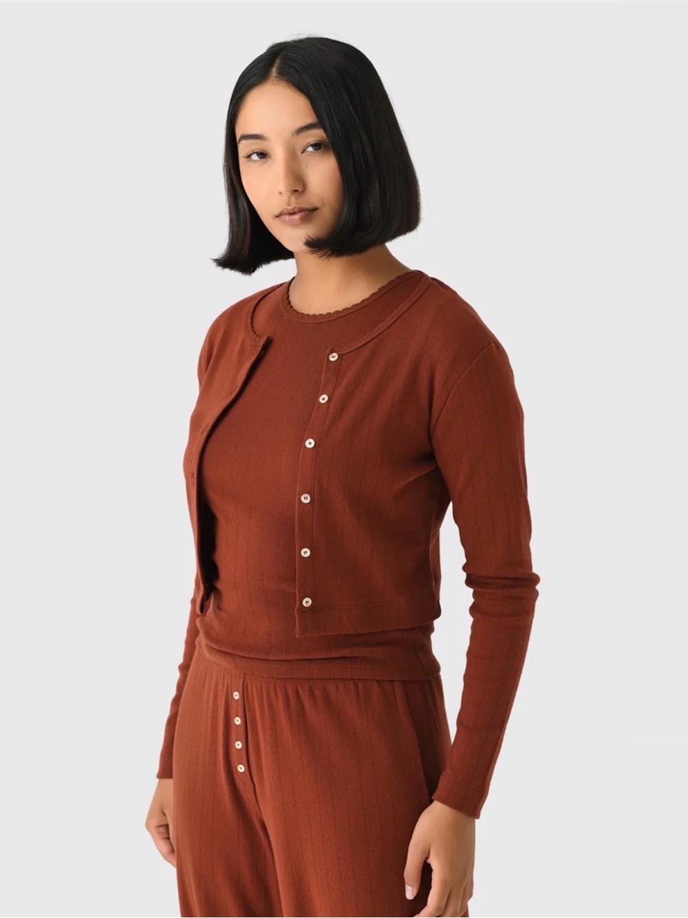 Leset Women's Pointelle Crop Cardigan Size Medium- Cinnamon